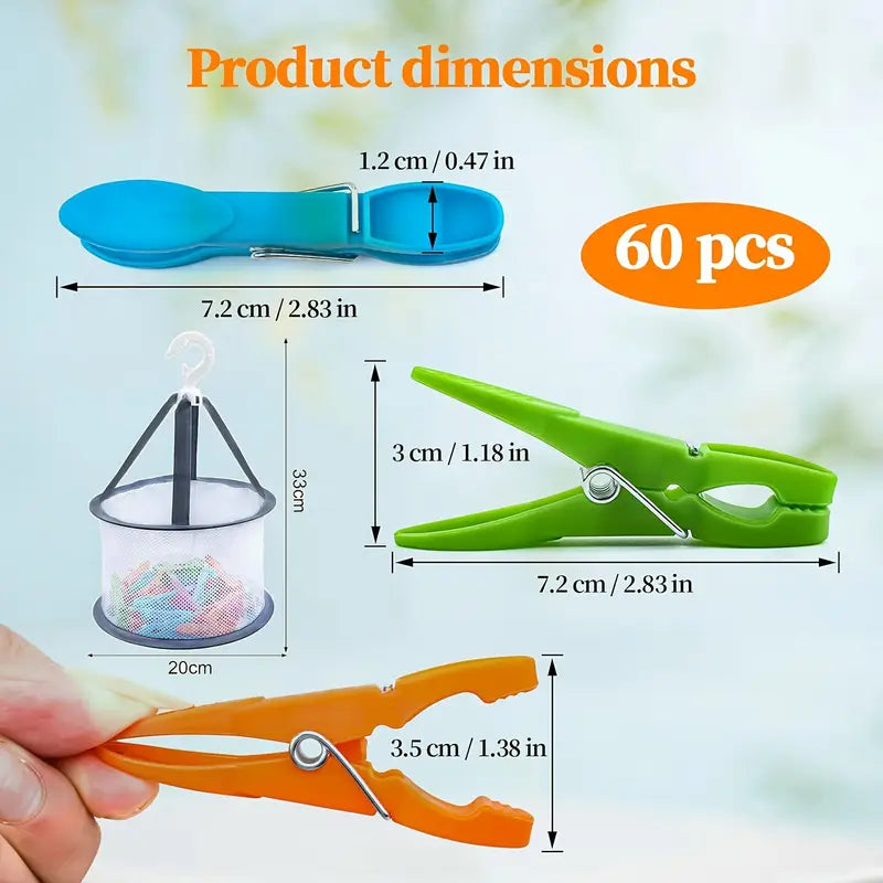 60-Pack Heavy-Duty Four-Color Clothespins with Storage Basket