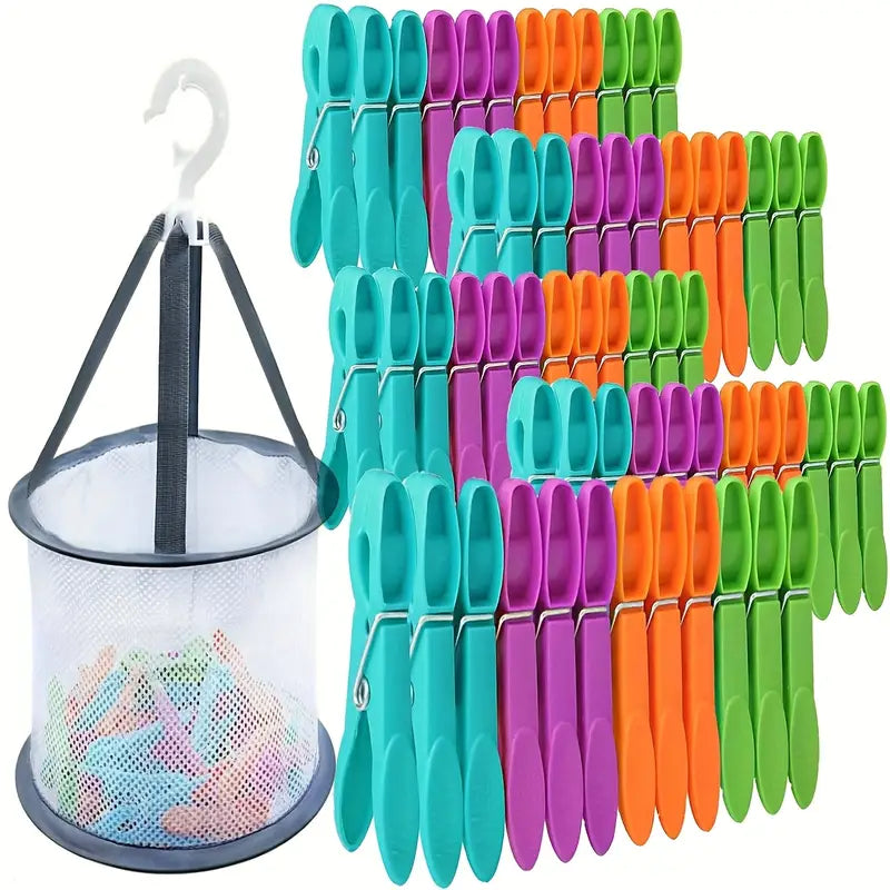 60-Pack Heavy-Duty Four-Color Clothespins with Storage Basket